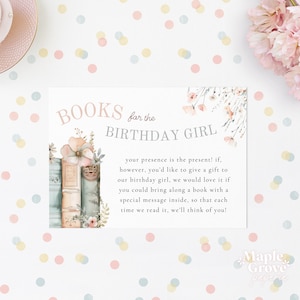 One for the Books! EDITABLE Gift Request Note Card for First Birthday, 1st Birthday Party Pink Green Floral Book Theme, DIGITAL DOWNLOAD
