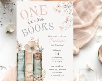 One for the Books! First Birthday Editable Birthday Invitation Template, 1st Birthday Party Pink Green Floral Book Invite, DIGITAL DOWNLOAD