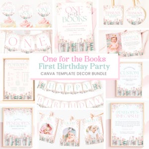 May include: A collection of party decorations with a floral and book theme. Includes invitations, banners, signs, and cupcake toppers. The color scheme is soft pink, white, and green, perfect for a first birthday celebration. The text "One for the Books" is prominently displayed.