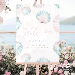 Coastal Shells EDITABLE Welcome Sign Template, Seashell Ocean Theme, Girls Womens Teenager Birthday Party Welcome Board, DIGITAL DOWNLOAD