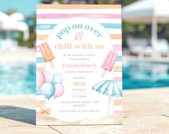 Popsicle EDITABLE Birthday Invitation Template, Pop On Over and Chill, Ice Cream Popsicle Party Invite, Girly Summer Party DIGITAL DOWNLOAD