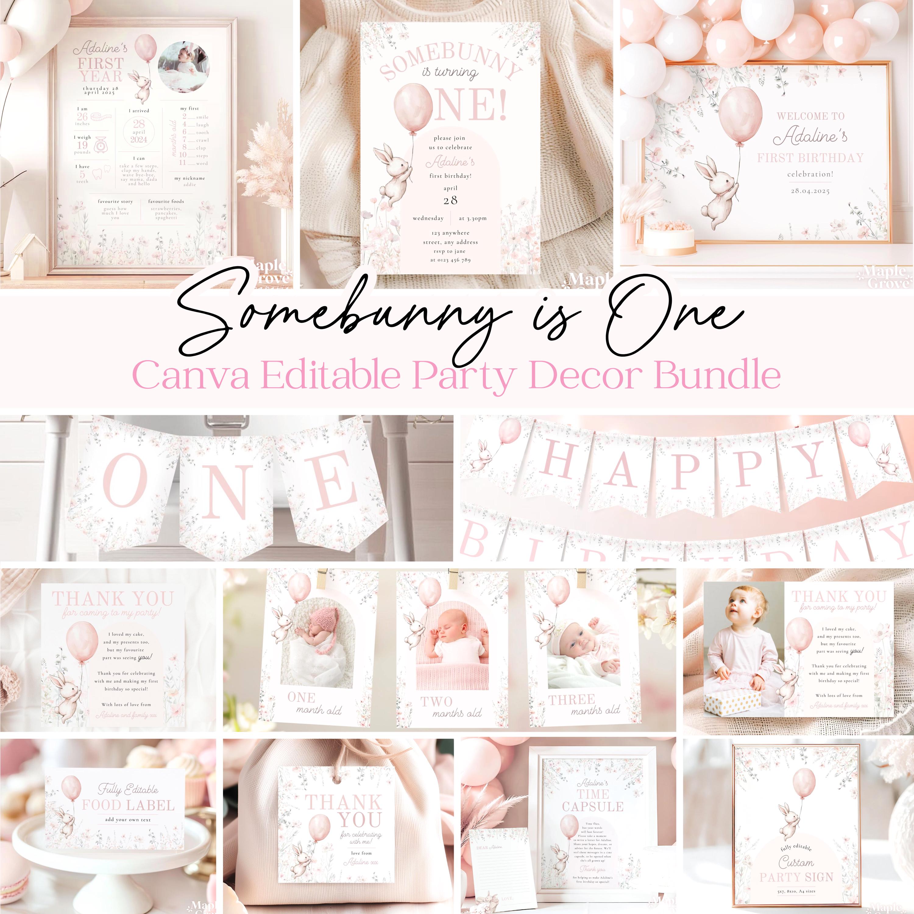 Somebunny is One! EDITABLE Printable First Birthday Party Bundle, Pink Boho Floral Bunny Matching Decor Templates Pack, DIGITAL DOWNLOAD