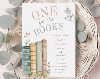 One for the Books! First Birthday Editable Birthday Invitation Template, 1st Birthday Party Natural Green Book Invite, DIGITAL DOWNLOAD