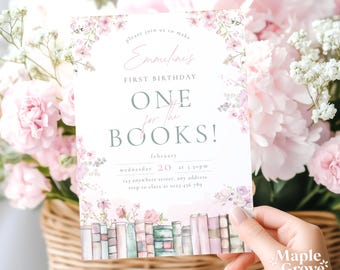 One for the Books! EDITABLE 1st Birthday Invitation Template, Book Theme First Birthday Party, Floral Pink and Green Book PRINTABLE Invite