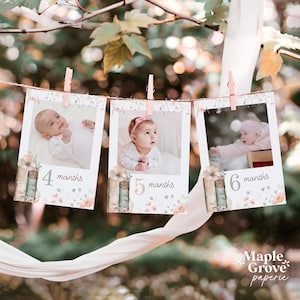 One for the Books Editable First Birthday Monthly Photo Cards Template, First Year, 1st Birthday, Pink Green Floral Book, DIGITAL DOWNLOAD