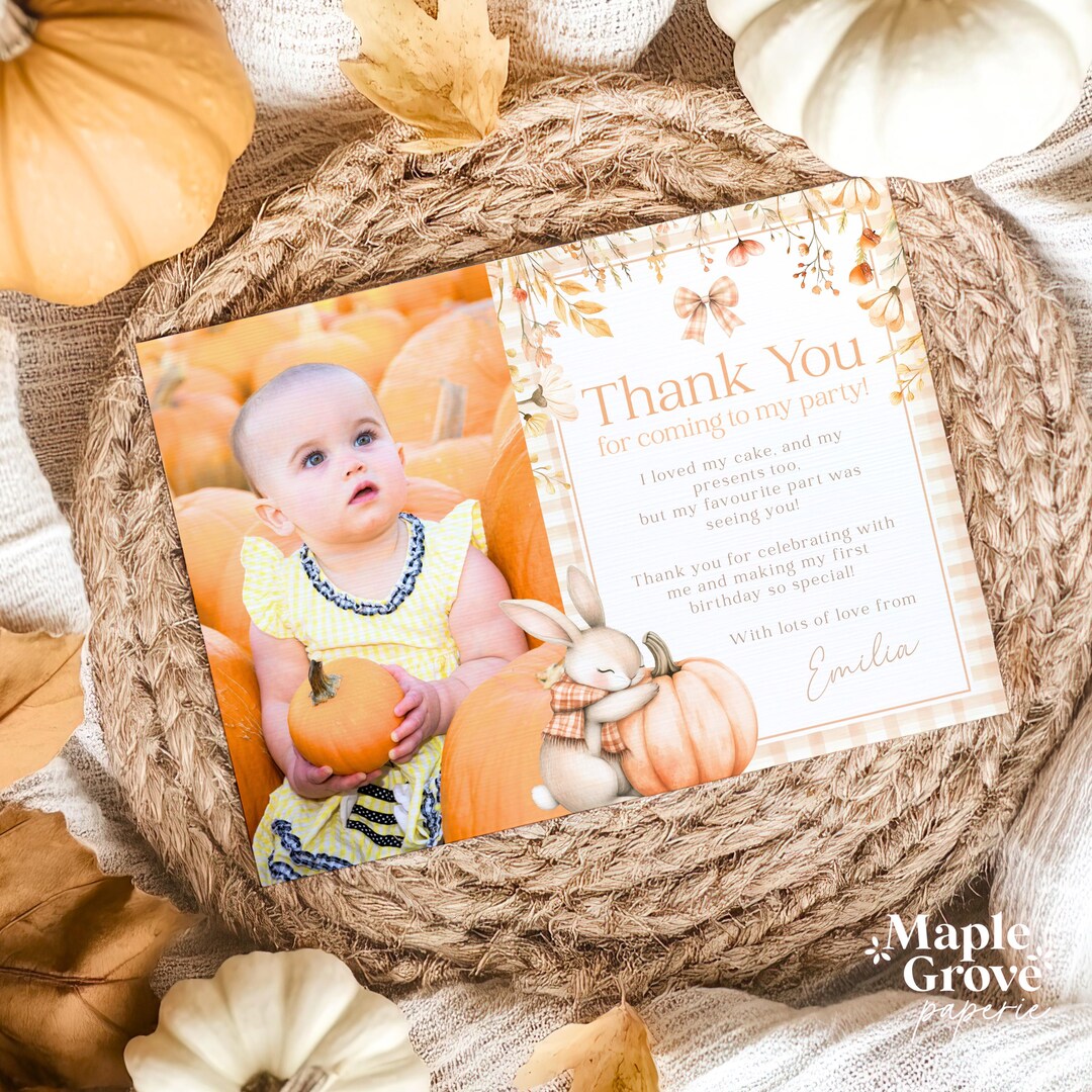 Autumn Bunny 1st Birthday Thank You Photo Card: Fall Floral Pumpkin ...
