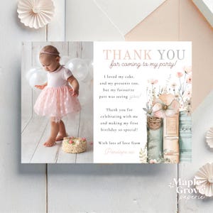 One for the Books Editable First Birthday Thank You Note Card with Photo, Template, 1st Birthday, Pink Green Floral Book, DIGITAL DOWNLOAD