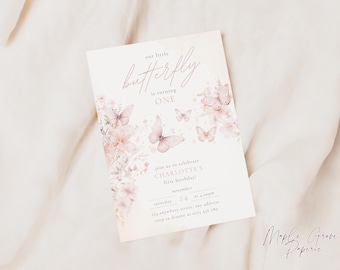 Blush Pink Butterfly First Birthday Invitation, Floral Butterfly Theme, 'Our Little Butterfly is One', Editable Template (Digital Download)
