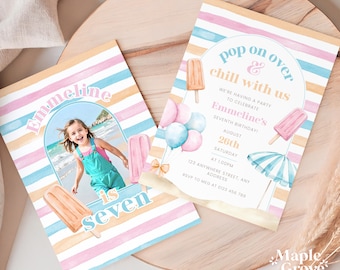 Popsicle EDITABLE Birthday Invitation Template with Photo, Pop On Over and Chill, Ice Cream Popsicle Summer Party Invite, DIGITAL DOWNLOAD