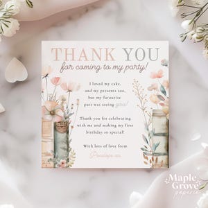 One for the Books! Editable Thank You Note Party Guest Card Template, Baby Girl 1st Birthday Party, Pink Green Floral Boho, DIGITAL DOWNLOAD