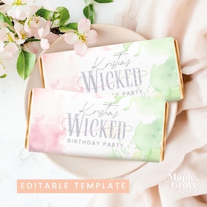 May include: Two chocolate bar wrappers with gold edges, featuring the text "Kristin's Wicked Birthday Party" in silver glitter font. The wrappers have a watercolour design in pink and green. The words "Editable Template" are at the bottom.