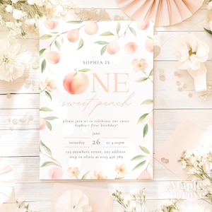 One Sweet Peach EDITABLE First Birthday Party Invitation Template, 1st Birthday Invite, Peach Theme Party, Printable DIGITAL DOWNLOAD