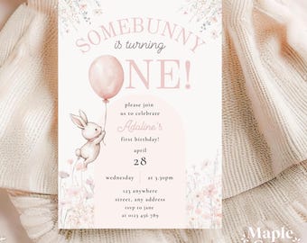 Somebunny is One! Editable First Birthday Invitation Template, Baby Girl 1st Birthday Party, Pink Bunny Floral Boho Invite, DIGITAL DOWNLOAD