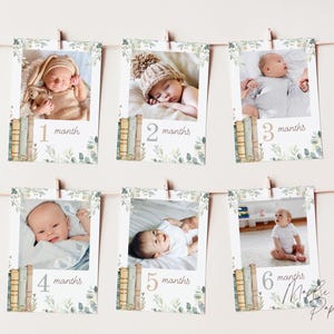 Green 'One for the Books' First Birthday Photo Banner, Book Theme Monthly Milestone Photo Cards, Editable Template (Digital Download)