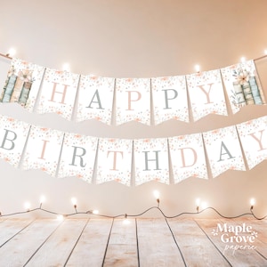 One for the Books PRINTABLE Happy Birthday Banner, 5x7, First Birthday Bunting, 1st Party Decor, Pink Green Floral Book, DIGITAL DOWNLOAD