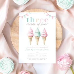 Ice Cream Party EDITABLE Three Scoops of Fun Birthday Invitation Template, Pink Ice-Cream 3rd Birthday Party Invite, DIGITAL DOWNLOAD