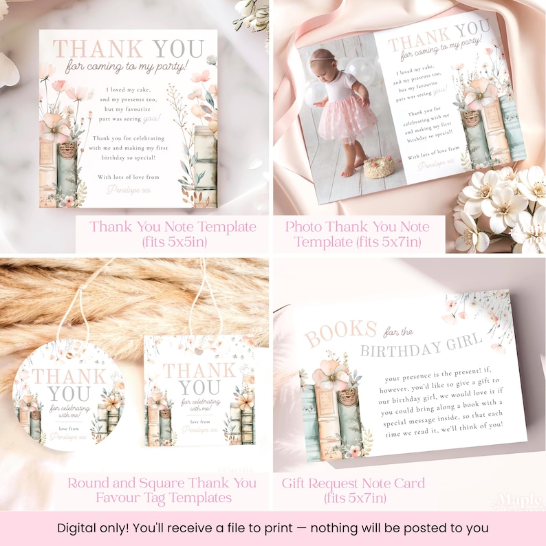 May include: A collection of printable party stationery templates, including thank you notes, favor tags, and a gift request card. The designs feature floral accents, stacked books, and the text "Thank You" and "Books for the Birthday Girl."