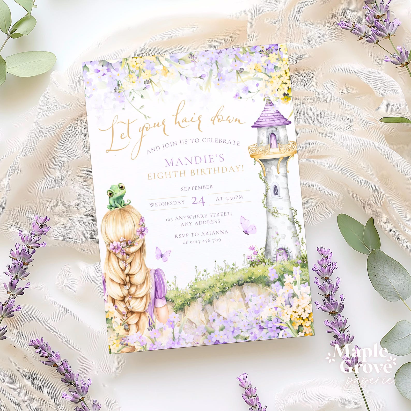 Rapunzel Birthday Invitation Purple Princess Party, Editable Template