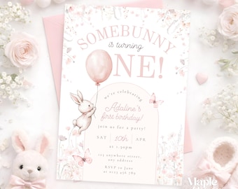 Somebunny is One First Birthday Invitation: Printable Bunny Party Invite, Pink Boho Floral Theme, Editable Template (Digital Download)