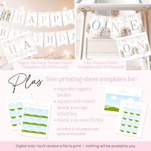May include: A digital template set for a birthday party, featuring banners that read "HAPPY BIRTHDAY" and "ONE". Includes cupcake toppers, thank you tags, and thank you notes. The templates are designed to fit US letter and A4 paper sizes.