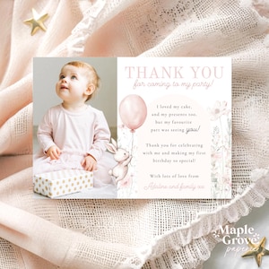 Somebunny is One! Editable First Birthday Thank You Note Card with Photo, Template, 1st Birthday, Pink Boho Floral Bunny, DIGITAL DOWNLOAD
