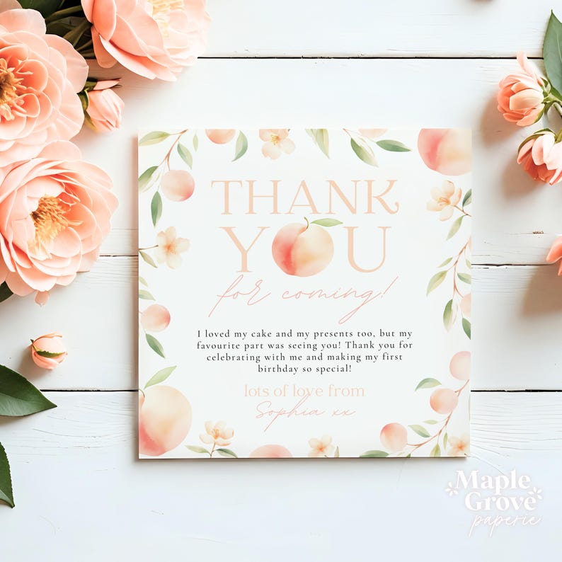 Peach First Birthday EDITABLE Thank You Note Card Template, One Sweet ...
