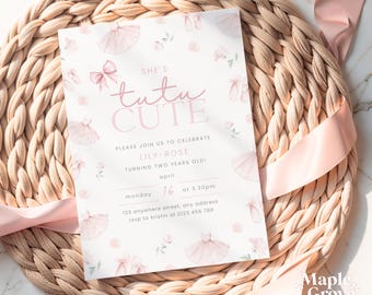 May include: A pink and white invitation card with the text "She's tutu cute" and details for a birthday party. The card is decorated with watercolor illustrations of ballet shoes and tutus.