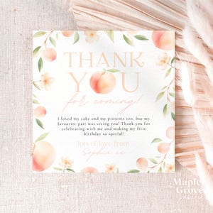 Peach First Birthday EDITABLE Thank You Note Card Template, One Sweet Peach Theme 1st Birthday Party, Custom Thank You Card DIGITAL DOWNLOAD