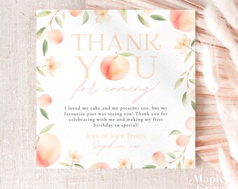 Peach First Birthday EDITABLE Thank You Note Card Template, One Sweet Peach Theme 1st Birthday Party, Custom Thank You Card DIGITAL DOWNLOAD
