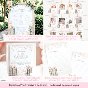 May include: A collection of printable templates for a baby's first year, including a milestone sign, monthly photo cards, a time capsule sign, and letter paper. The designs feature floral accents and a soft color palette. The templates are available in various sizes.