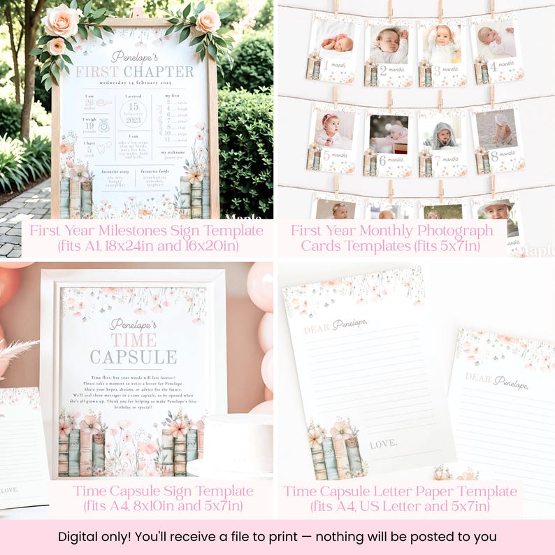 May include: A collection of printable templates for a baby's first year, including a milestone sign, monthly photo cards, a time capsule sign, and letter paper. The designs feature floral accents and a soft color palette. The templates are available in various sizes.