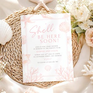 She'll Be Here Soon Invite, Girl Coastal Baby Shower Invitation, Pink Seashells, Editable Baby Shower Invite Template (Digital Download)