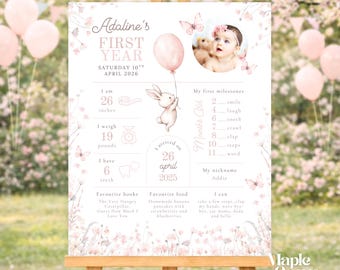Somebunny is One 1st Birthday Milestone Sign: 'My First Year' Poster, Printable Bunny Party Decor, Pink Boho Floral Theme, Editable Template
