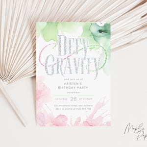 Defy Gravity Birthday Invitation, Wicked 'Defying Gravity' Theme, Pink and Green Party Invite, Editable Template (Digital Download)