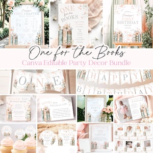 May include: A collection of party decor items with a floral and book theme. Includes signs, banners, and cards with text like "One for the Books," "Happy Birthday," and "Thank You." The color scheme is soft with pink and beige tones.