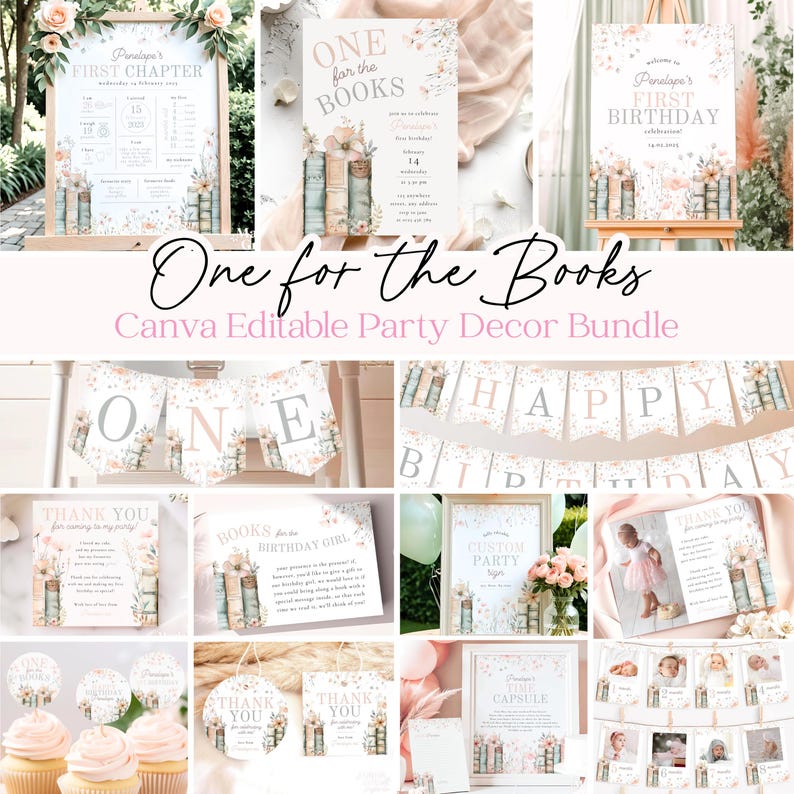 May include: A collection of party decor items with a floral and book theme. Includes signs, banners, and cards with text like "One for the Books," "Happy Birthday," and "Thank You." The color scheme is soft with pink and beige tones.