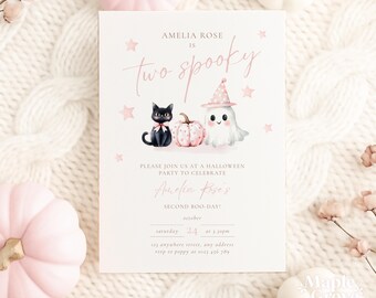 May include: A Halloween party invitation with the text "Two Spooky" in pink script. The invitation features illustrations of a black cat, a pink pumpkin, and a ghost wearing a party hat. The invitation is on a white background.