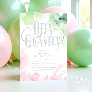 Defy Gravity! Editable Birthday Invitation Template, Wicked Defying Gravity Party, Pink Green Teenager Adult Party Invite, DIGITAL DOWNLOAD