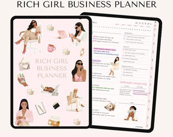 May include: A digital business planner on a tablet, featuring illustrations of women and business-related icons. The planner's title is "Rich Girl Business Planner" with the text "The Ultimate Business Planner" above it. The planner is undated and starts on Sunday.