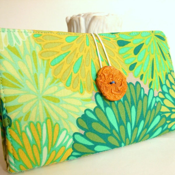 Handmade Tampon and Pad Clutch Lime Green Aqua Chartreuse Yellow Flowers Fabric Privacy Clutch - Lime Chysanthemums