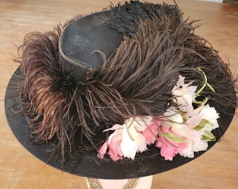 1900s Edwardian HAT Wide Brim Black Velvet Ostrich  display picture 2