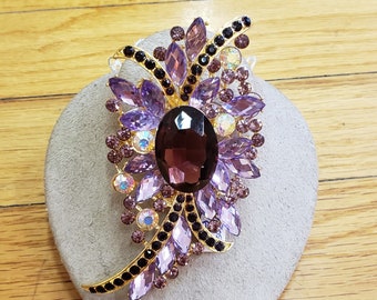 Broche Art Déco Années 40 - Argenté, Cabochon Verre Violet Améthyste, Ancienne