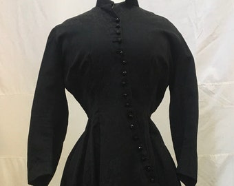 1880s, 36" bust, black silk embossed silk full length "wrapper", at home dress