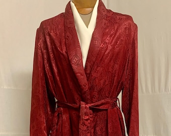 1940s. 44" chest, red embossed rayon robe