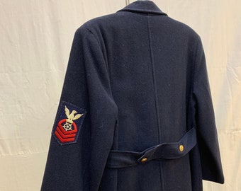 1950s. 26" chest, navy blue wool double breasted coat.