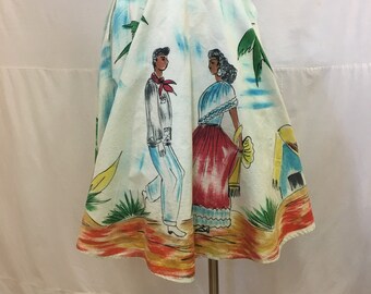 1950s, 26"-28" waist, hand painted, Mexican, cotton canvas circle skirt