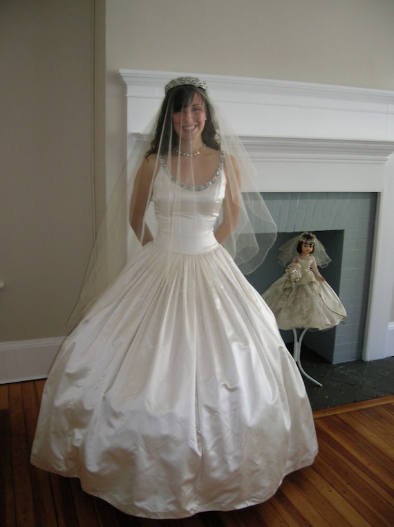 1958 Pearl White Slipper Satin Wedding Gown - image 1