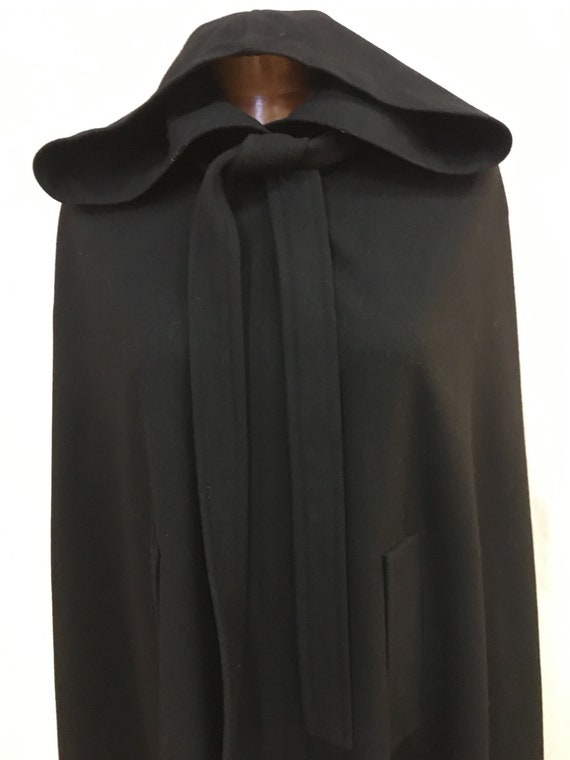 1980s, 42"  chest, full length black hooded wool c