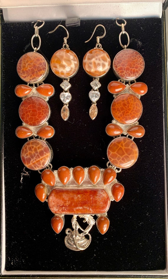 1990s, 12" long, silver and coral necklace + earri