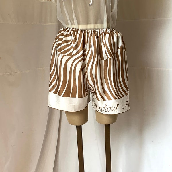 1970s, silk scarf of ecru and brown strips, made into tap pants aka shorts